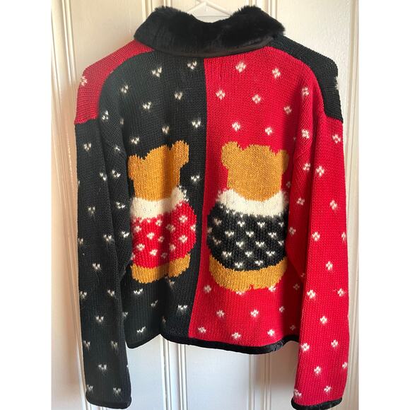 VTG 90s Elana Carello Bear Christmas Cardigan Faux Fur Collar Pom Buttons - Picture 6 of 8